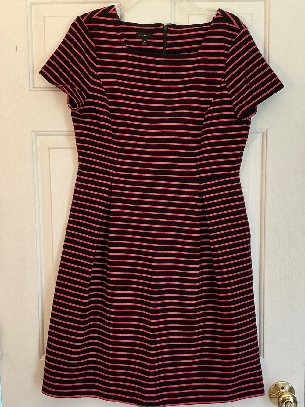 Talbots Black and Pink Striped Textured Fit & Flare Short Sleeve Dress size 10